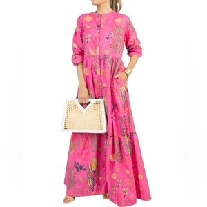 NEW Tiered Boho Maxi Dress with Pockets Fuschia Floral Long Sleeves